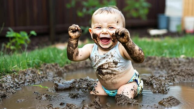 A kid joyfully experiencing an adventure in the mud, Sitting enchanted in a Large puddle, immersed in games and research on a lush green field. A child is playing in the mud.