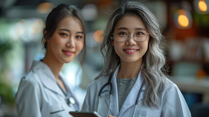 Older Asia GP explains treatment plan, showing check up health test results on digital tablet to young female patient at her visit in clinic, smile, receive professional medical services at hospital.