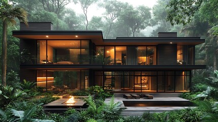 Artistic scene featuring a multi level villa styled with elegant modern design surrounded by nature picture