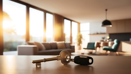 Car keys on wooden table in cozy apartment living room at sunset