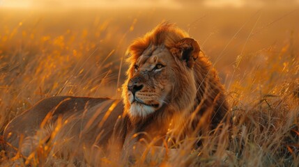 A majestic lion resting in the tall grass of the African savannah, with the golden light of the...