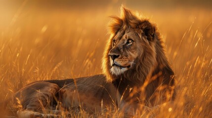 A majestic lion resting in the tall grass of the African savannah, with the golden light of the...