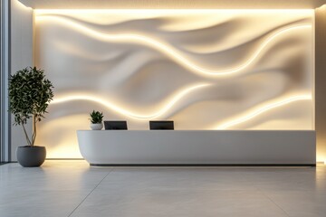 Bright reception lobby with curved white desk, wavy wall design, and indoor plants under soft warm lighting