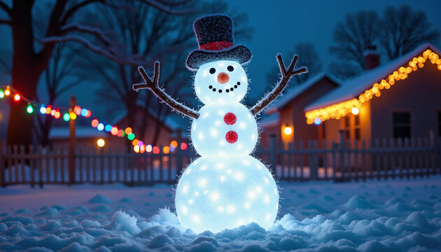 A cheerful snowman adorned with glowing lights stands in a snowy yard. Festive lights illuminate nearby houses, creating a magical winter scene. AI generated.
