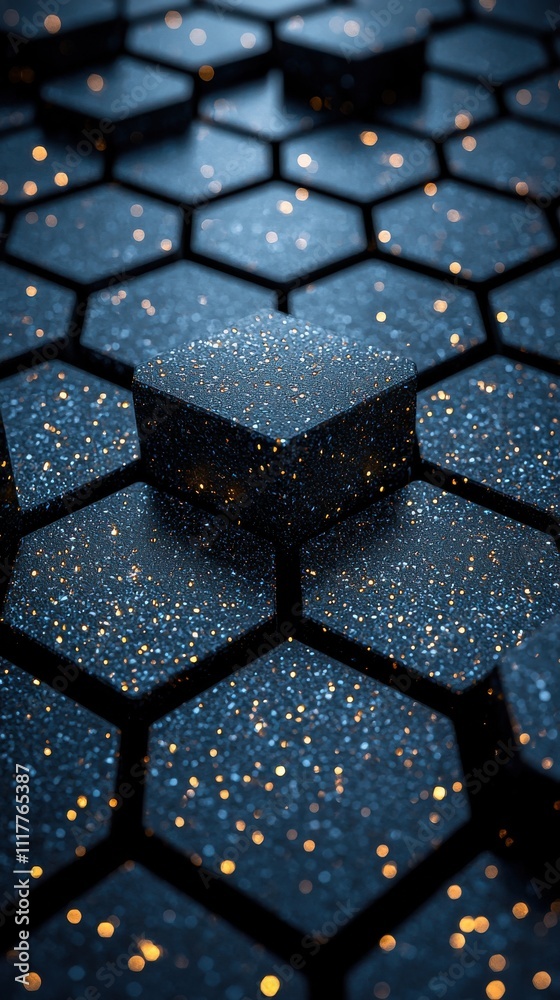 Poster sparkling hexagonal patterns create a mesmerizing visual effect in dark shades during nighttime