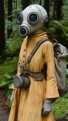 A figure clad in a worn yellow coat and a distinctive gas mask stands amidst vibrant greenery in a forest. The atmosphere evokes a sense of exploration and intrigue