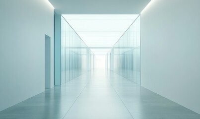 Minimalist hallway with glass walls, bright lighting, and reflective surfaces in a modern workspace