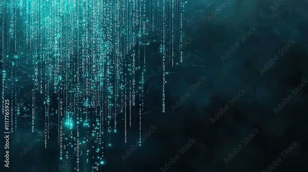 Poster dynamic stream of flowing binary code illuminated against a dark background
