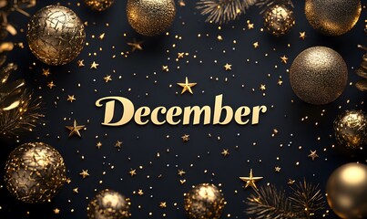 bas-relief, gold monochrome ornament with text "December", black background, golden glittering balls, white and yellow light stars,


