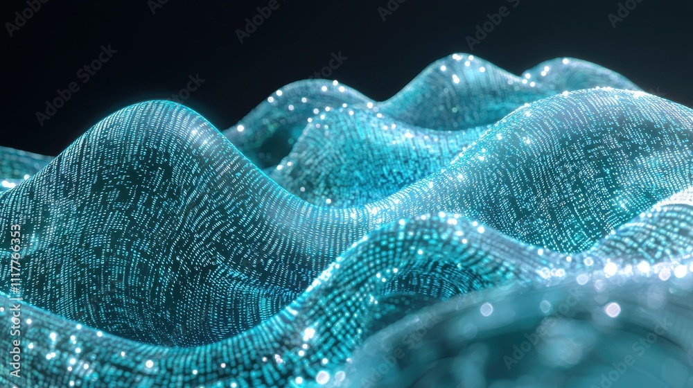 Poster dynamic flowing stream of illuminated binary code in a futuristic aesthetic landscape