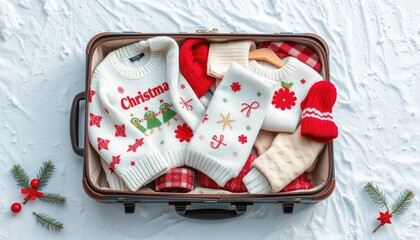 Packed suitcase filled with festive Christmas sweaters, hats, and gloves ready for travel.