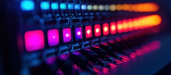 Close up of a glowing control panel with colorful buttons and lights.