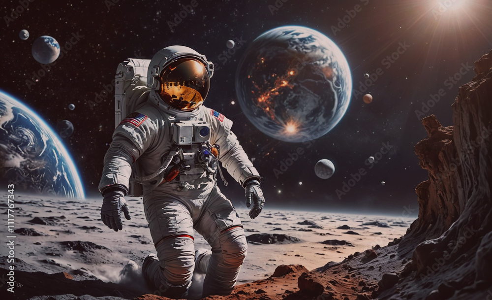 Poster a man in a spacesuit is walking on the surface of a planet. the planet is surrounded by other planet