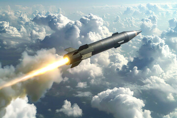 A powerful missile flying through the clouds, leaving a bright trail as it cuts through the sky.