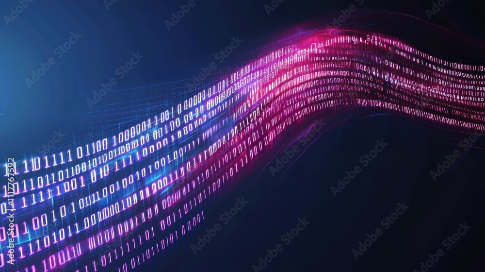 Poster dynamic flowing stream of illuminated binary code in vibrant colors