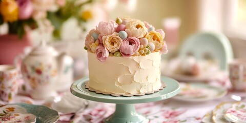 Fototapeta premium A beautifully decorated cake with pastel flowers sits on a charming dessert stand.