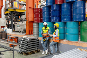 Experienced female supervisor in safety vest is sharing her advice to an African mechanical engineer to improve his performance at a metal factory. Team work between two cultures. Cooperation at work