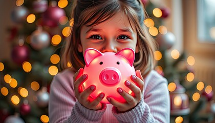 Young girl holding a glowing pink piggy bank in front of a Christmas tree.