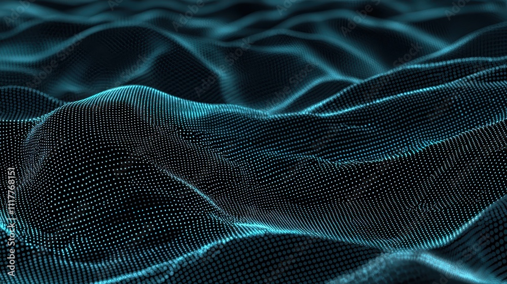 Poster dynamic stream of flowing binary code illuminated in electric blue waves