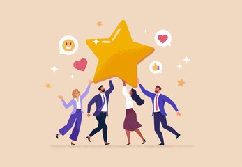 Employee Satisfaction Concept. Vector cartoon illustration in flat style of diverse businesspeople holding a big golden star surrounded by joy emojis. Isolated on background.