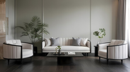 Modern living room featuring a white sofa and two matching chairs, with plants and a low coffee table.