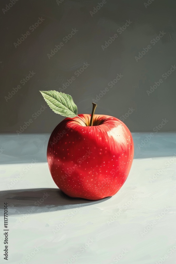 Poster a ripe red apple with a single leaf on top