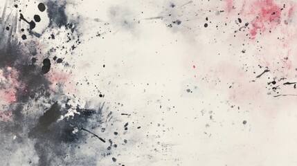 Abstract Watercolor Texture Pink, Grey and Black Ink Splashes on White Paper Background.