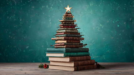 A Christmas tree made of colorful books, with festive garlands, on an inviting green background with snow.