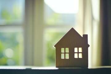 A small wooden house model sitting on a table
