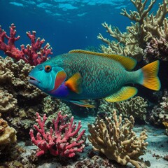Naklejka premium A parrotfish swimming among bright corals in a vibrant underwater world.