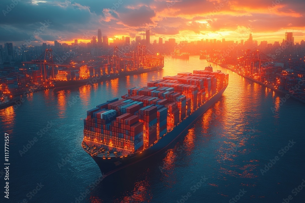 Poster A large container ship sailing through calm waters, ideal for use in images about transportation, industry, and global trade