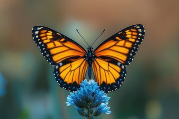 Fototapeta premium A butterfly sits on the petals of a blue flower