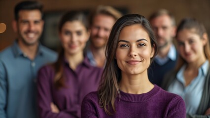 Obraz premium Confident Coworkers Team, Blurred Office Attire, Plum Sweater Focus, Warm Background