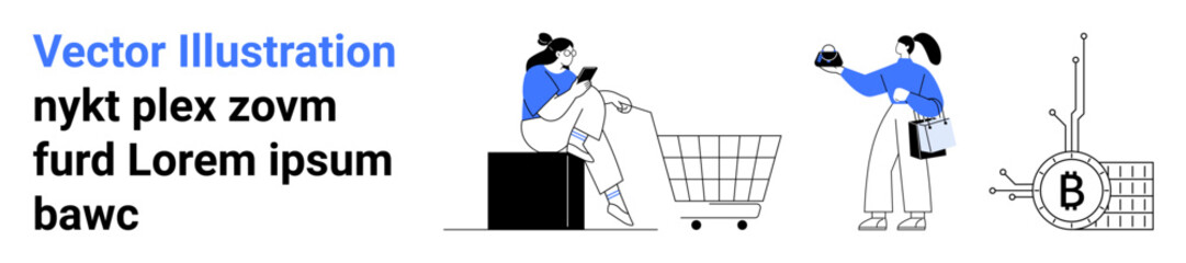 Woman on phone, shopping cart, woman with boxed item, Bitcoin symbol. Ideal for e-commerce, financial technology, shopping apps, digital transactions, online retail, cryptocurrency, tech startups