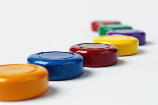 A collection of bright and cheerful plastic knobs arranged on a plain white background