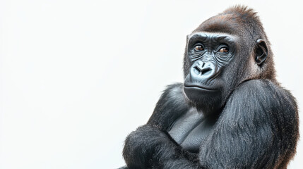 Fototapeta premium Close-up of a majestic gorilla with expressive eyes against a stark white background, showcasing its strength and thoughtful demeanor.