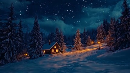 Enchanted Snowy Landscape with Lit Cabin at Night. AI generated illustration