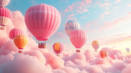 Naklejka premium A serene scene of colorful hot air balloons floating among fluffy clouds at sunset.