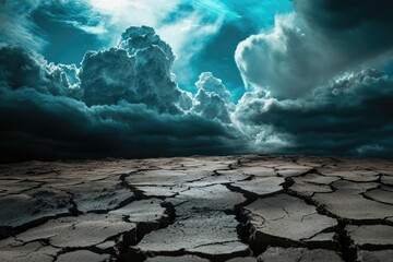 A cracked earth surface with a cloudy sky in the background, ideal for use in scenes where nature is distressed or affected by weather