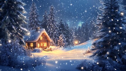 Naklejka premium Enchanted Snowy Landscape with Lit Cabin at Night. AI generated illustration
