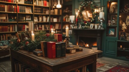 Vintage bookstore holiday display with antique books and decor