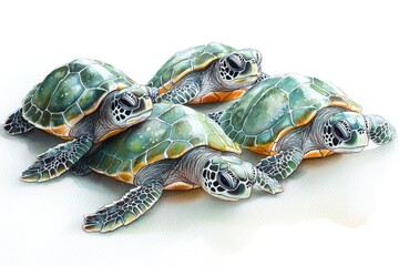 Fototapeta premium Group of turtles sitting on a white surface, great for backgrounds or illustrations