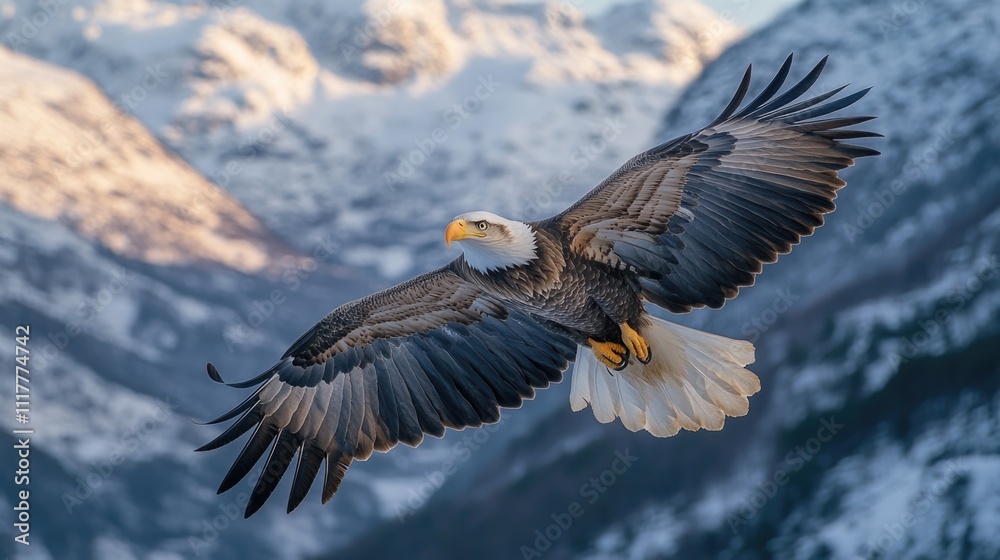 Poster a bald eagle in flight over a mountain range with peaks and valleys