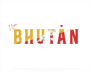 I love BHUTAN typography design with a national flag and heart on a white background, Vector design of I love BHUTAN, Independence Day of BHUTAN, BHUTAN Typographic Design, Flag of Bhutan © Malik_Atelier
