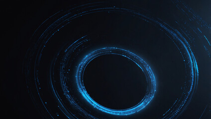A dark background with a glowing blue circle, and wavy lines.