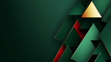 Abstract Christmas tree background, geometric overlapping green triangles with red and gold accents