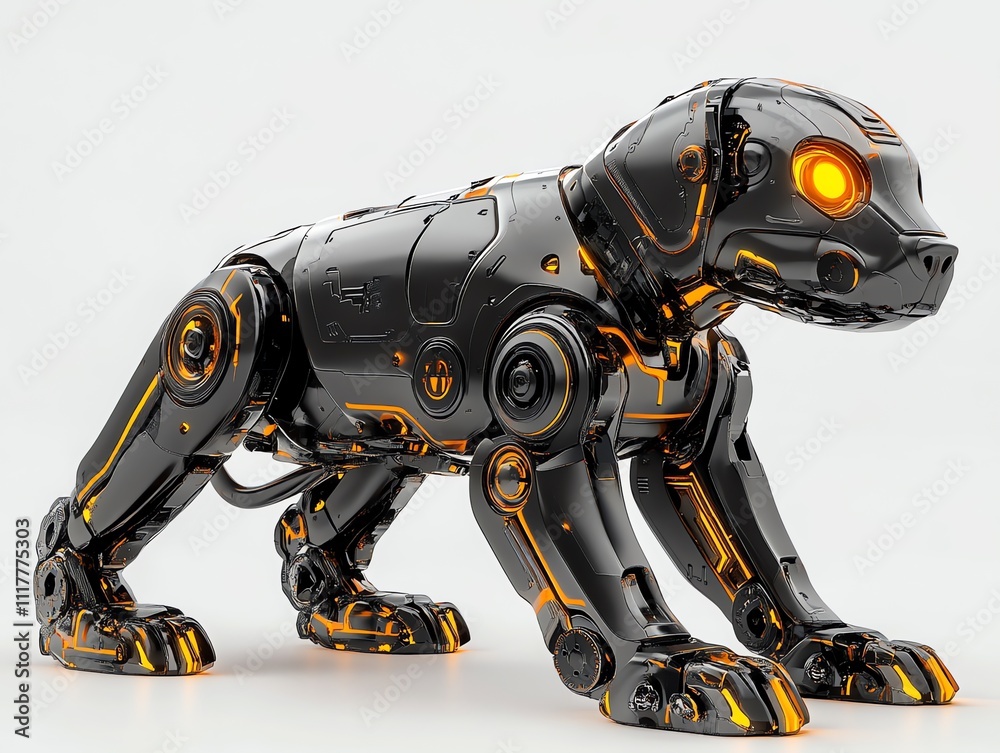Poster a futuristic robotic dog with glowing features, designed for advanced technology applications.