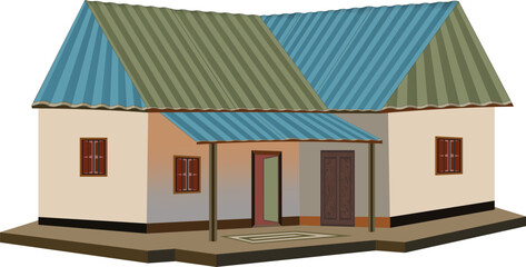Illustration of a traditional rural home - simple architecture with blue and green metal roofs, wood details, and rustic charm
