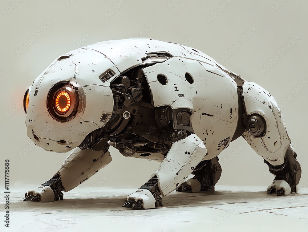 Poster a robotic creature resembling a frog with glowing eyes, showcasing advanced technology design.