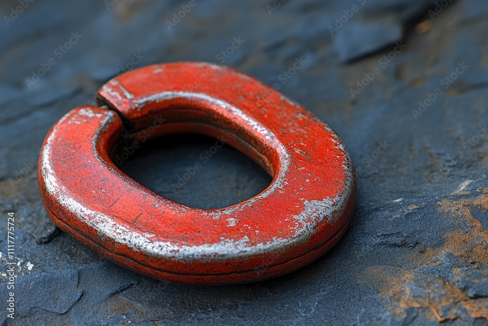 Poster a close-up of a rusty metal object featuring a bright red ring